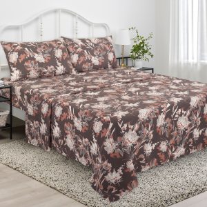 100% Cotton Percale Bed Sheet Set, 3 PCS, Full Size, Brown Printed Floral