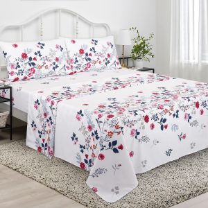 100% Cotton Percale Bed Sheet Set, 4 PCS, King Size, White Floral